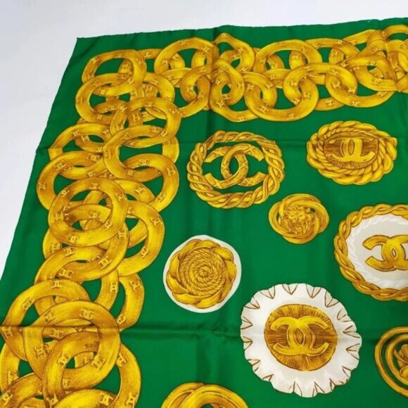 Chanel Scarf Greens And Gold Silk 100% 201-082825 - Picture 3 of 9